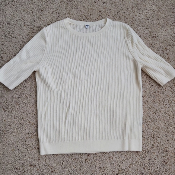 UNIQLO Ribbed Crew Neck Half Sleeved Ribbed Wool Top Ivory Size XL - Picture 1 of 8